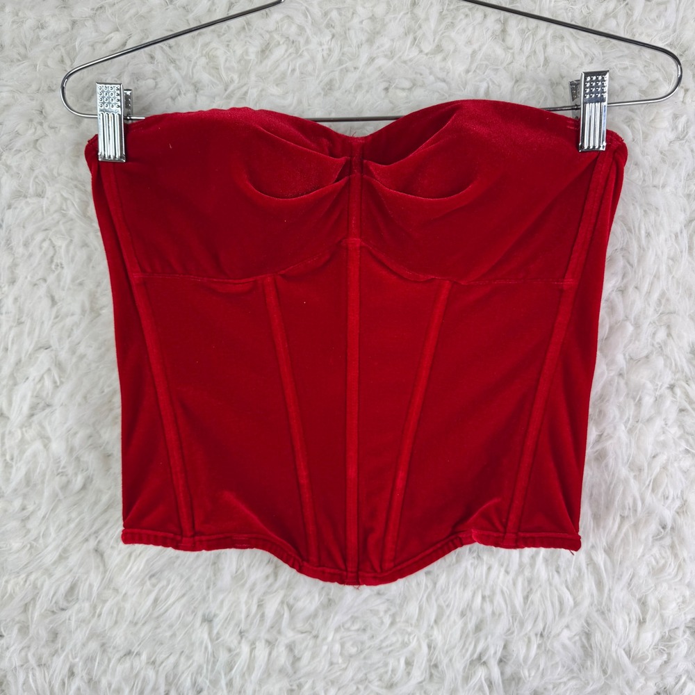 Shirley of Hollywood Corset Top Sz 34 Red Velvet Bustier Strapless Goth Coquette